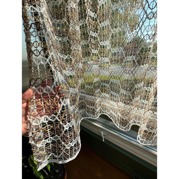 Vintage 70s pleated curtain, tan brown honeycomb pattern, open weave mesh panel - Picture 5 of 8